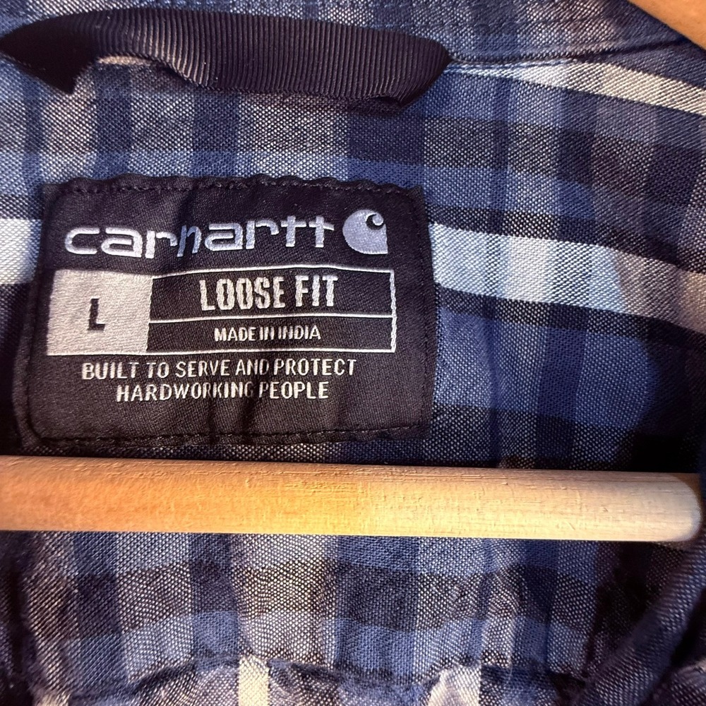 Carhartt Mens Loose Fit Short Sleeve Plaid Button Down Shirt Blue White Large - Picture 6 of 8